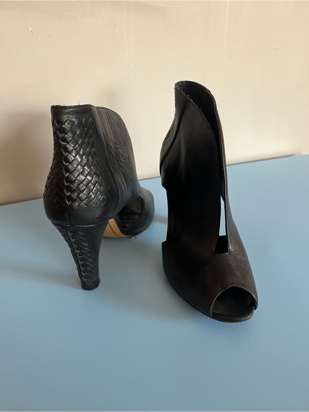 Women's Black Peep-Toe Leather Heels